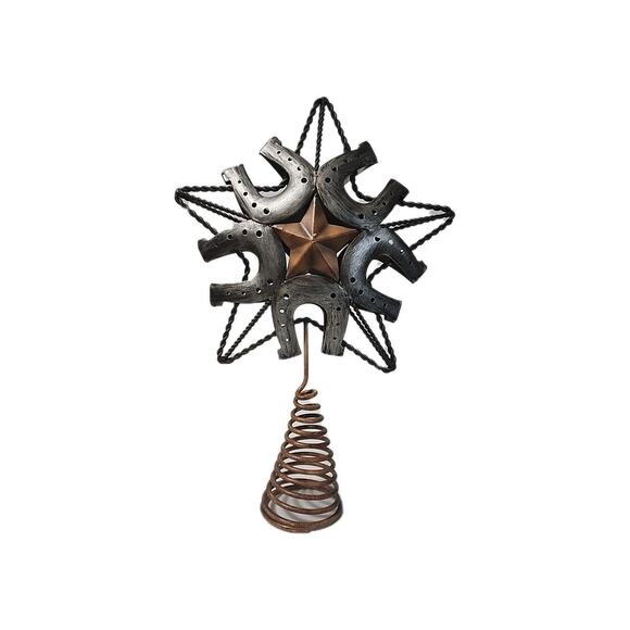 Rustic Metal Horseshoe Star Christmas Tree Topper Western Vintage Style Folk Art - Picture 1 of 6